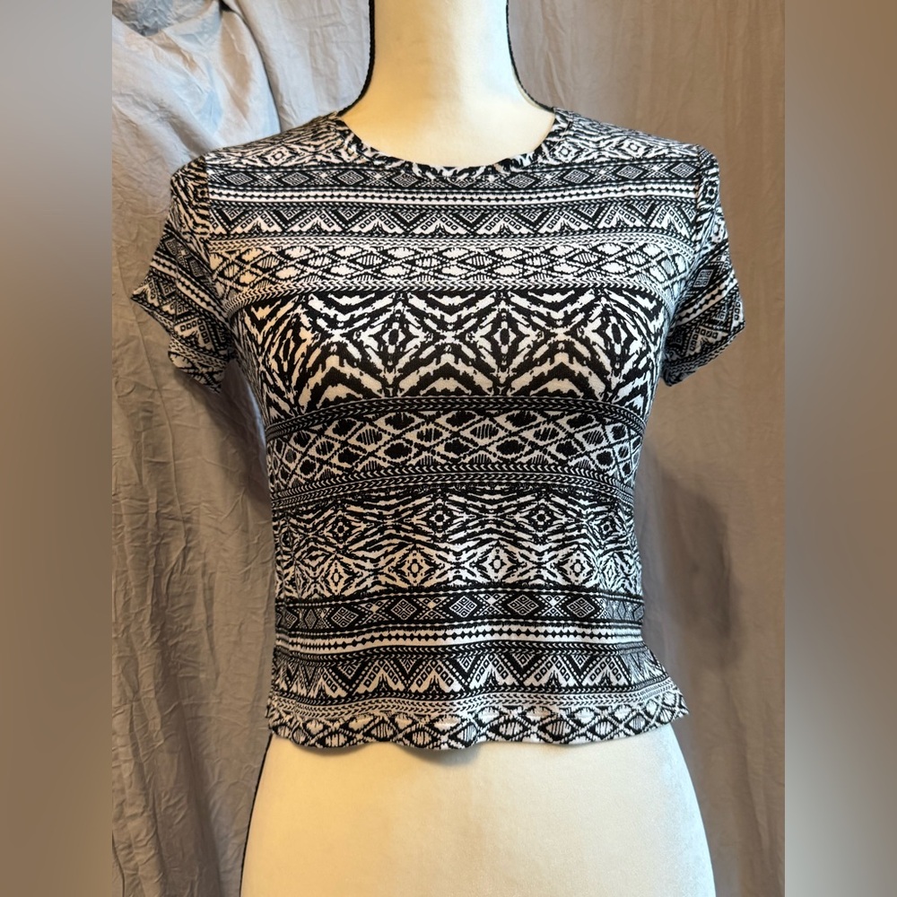 American Eagle Outfitters Black and White Fitted Crop Tee